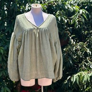 Boho Style Ces Femme Olive Puffy Long Sleeve Cotton Shirt